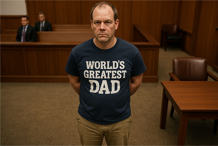 Man in courtroom wearing world's greatest dad t-shirt, one of 42 lawyers and defendants failing miserably in court.