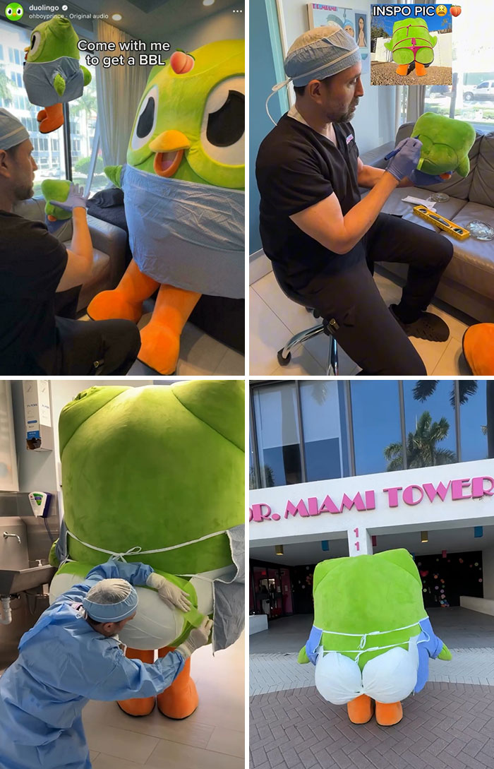 A humorous surgery scene with a person performing a mock BBL on a giant Duolingo mascot costume.