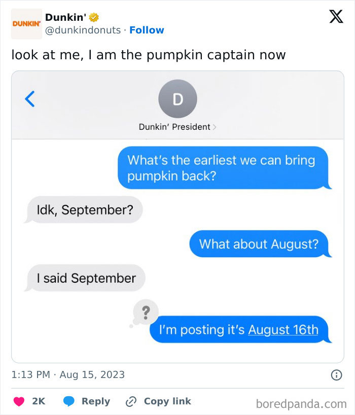 Social media post from Dunkin’ joking about bringing back pumpkin flavor earlier in a funny conversation format.