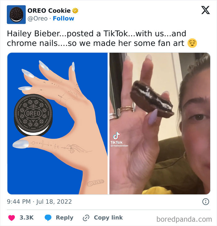 Oreo's official social media post featuring a fan art hand holding an Oreo and Hailey Bieber holding an Oreo cookie.