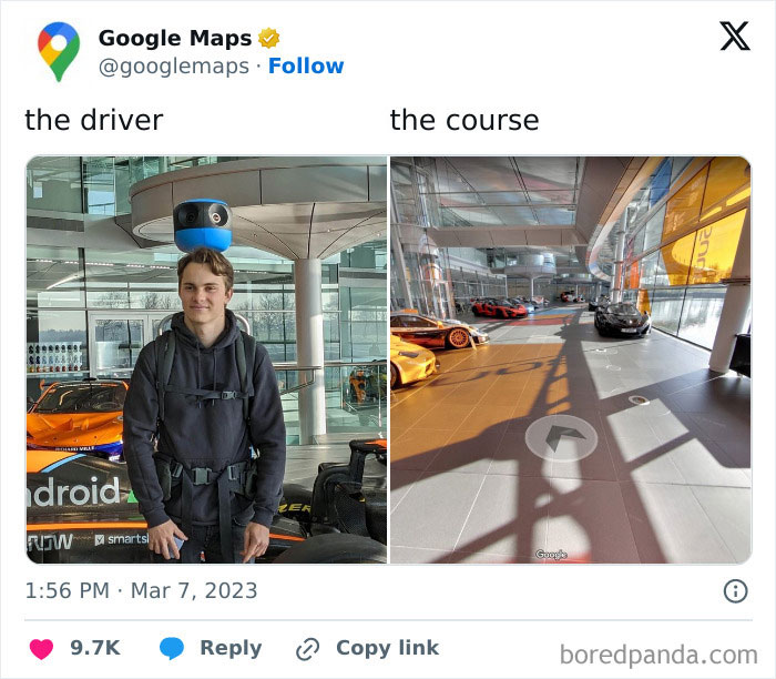 Man wearing a Google Street View camera backpack paired with a scenic car showroom, showcasing funny official social media content.