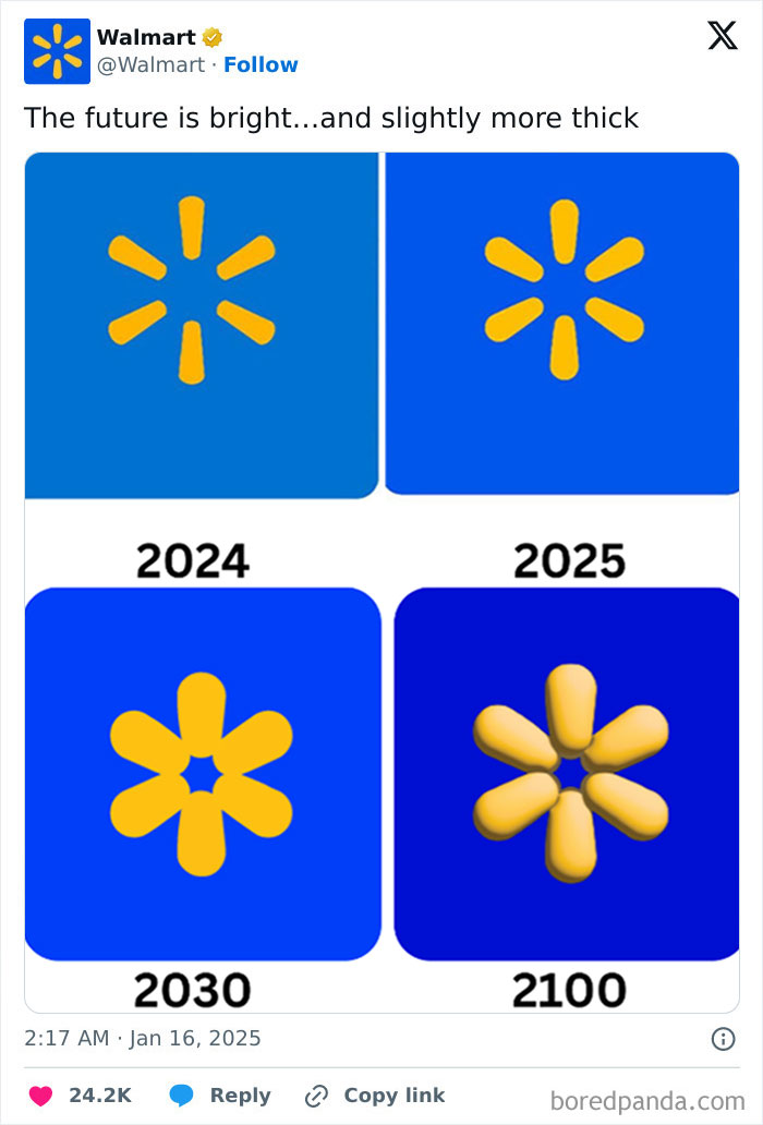 Walmart social media post humorously showing evolution of its logo design from 2024 to 2100 in a funny way.