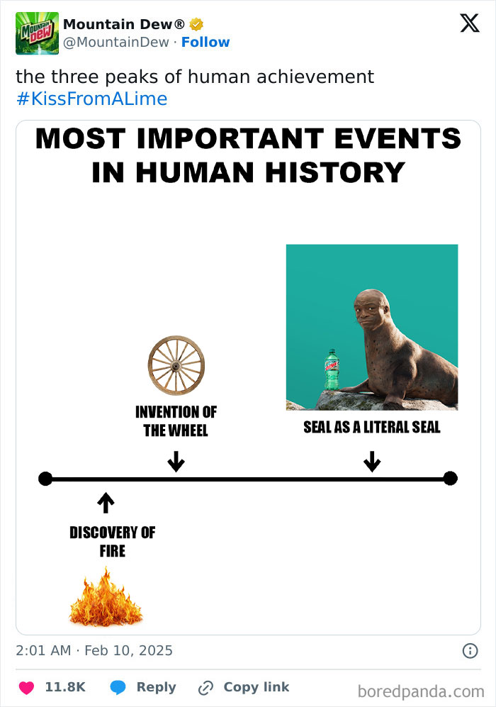 Mountain Dew tweet humorously showing funniest social media post with fire, wheel invention, and literal seal as major human achievements.