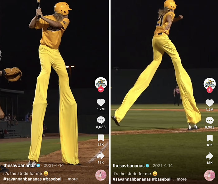 Baseball player with exaggeratedly long yellow pants in a funny viral social media post on official account.