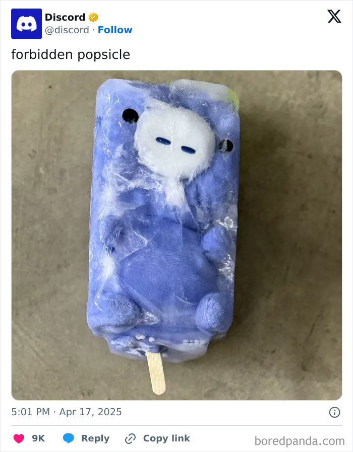 Plush toy frozen inside a blue popsicle as a funny social media post by an official account with humor theme.