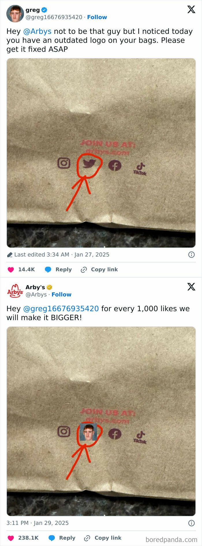 Screenshot of a funny social media exchange highlighting outdated logos on packaging from official social media accounts.