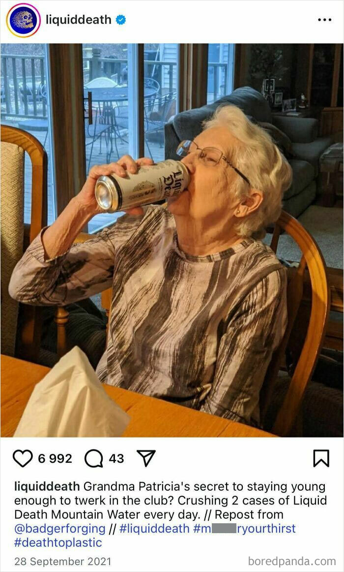 Elderly woman drinking a can of Liquid Death mountain water, featured in funniest official social media posts.