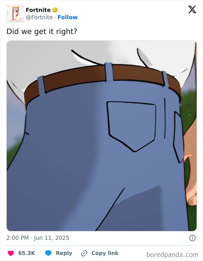 A funny Fortnite social media post showing a close-up cartoon of a person’s waist and jeans belt.