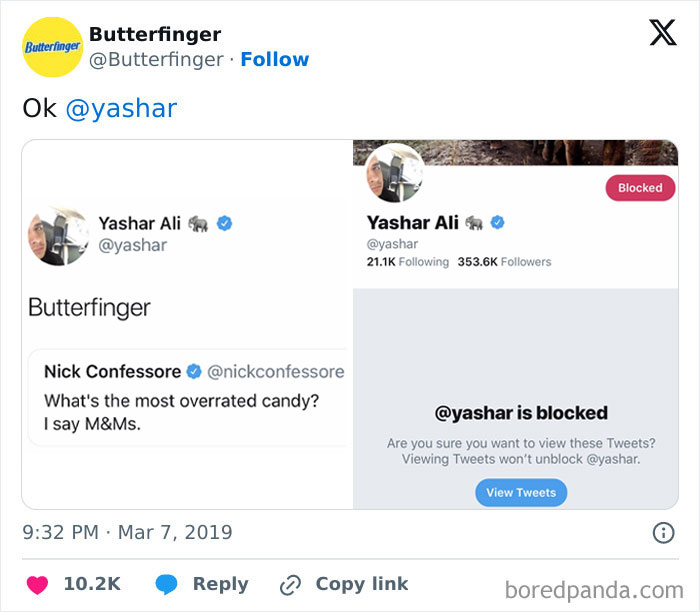 Screenshot of a funny social media exchange involving official Butterfinger account and user Yashar Ali.