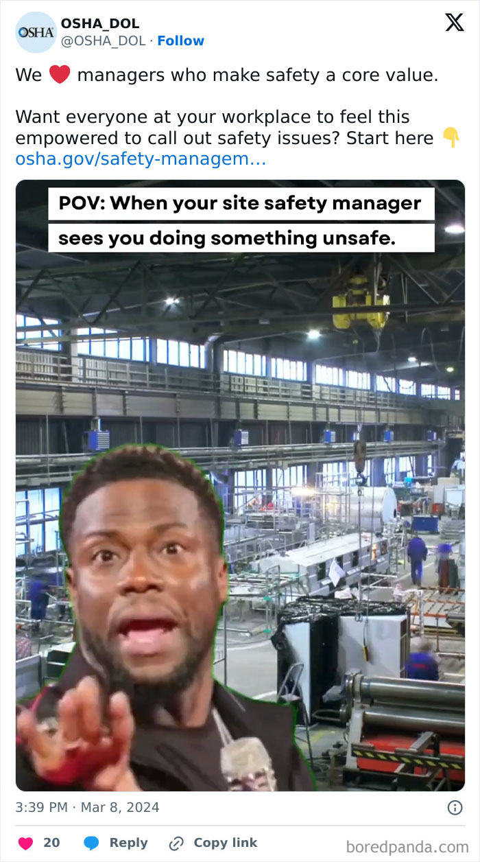 Social media post showing a safety meme with a surprised man in a factory, highlighting site safety in official accounts.
