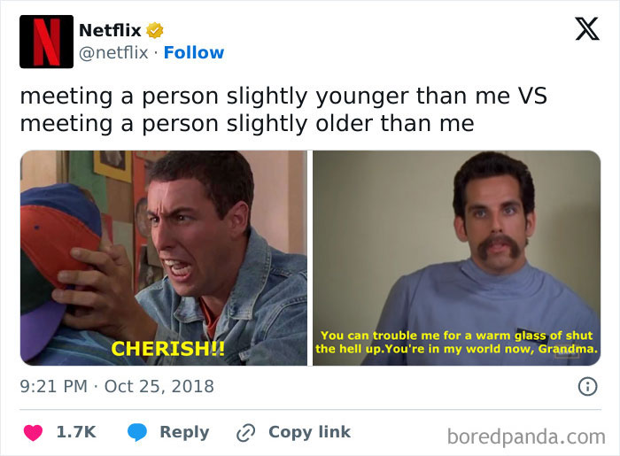 Netflix tweet meme showing reactions to meeting someone slightly younger versus older, from funniest social media posts collection.
