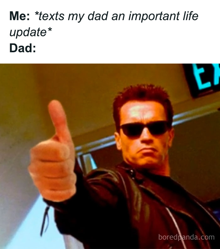 Man in sunglasses giving thumbs up in a relatable meme about texting a dad an important life update.