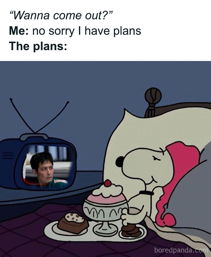 Cartoon dog relaxing in bed with dessert and TV, illustrating relatable random memes about avoiding plans.
