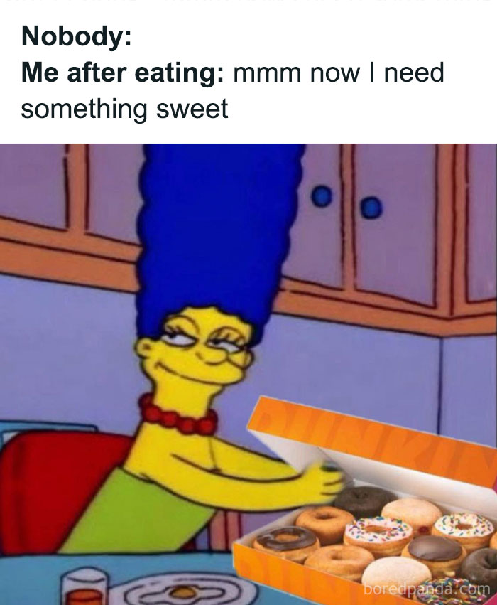 Marge Simpson meme from random memes, showing relatable craving for something sweet after eating.