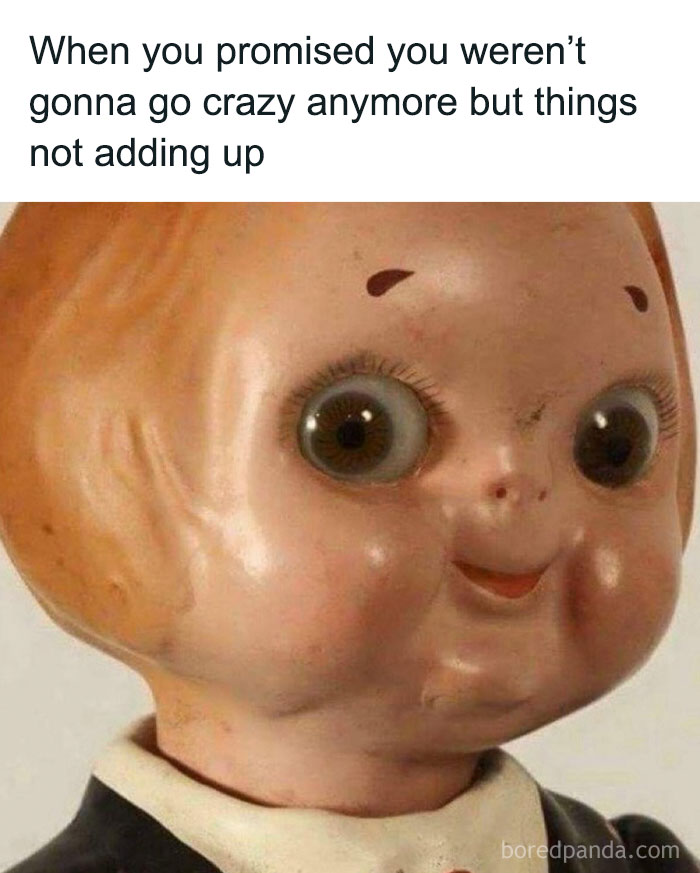 Close-up of a doll with wide eyes and a smirk, illustrating a totally random meme about relatable feelings.