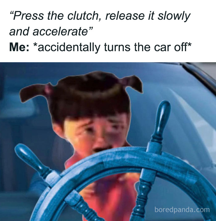 Girl with pigtails looking frustrated at a ship steering wheel, relatable meme about accidentally turning a car off.