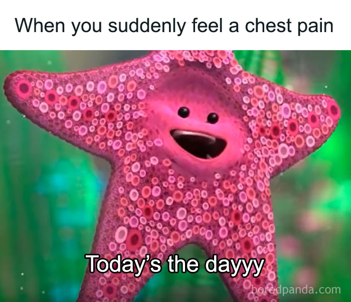 Pink starfish character with a happy face and text about chest pain, a relatable random meme from new pics collection.