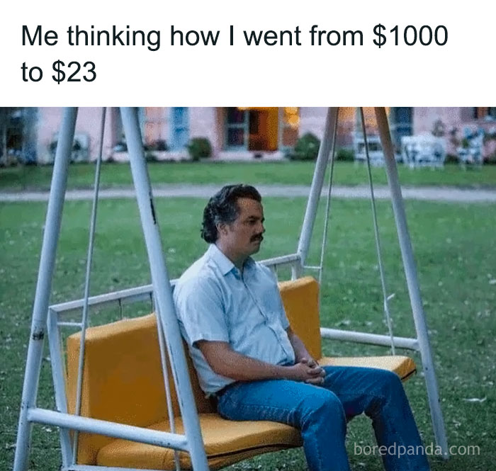 Man sitting alone on a porch swing, reflecting on finances in a relatable meme about money and life struggles.