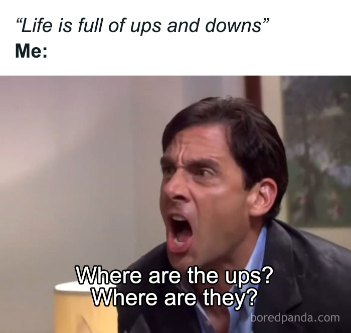 Man shouting with frustrated expression, captioned meme about ups and downs, relatable random memes humor moment.