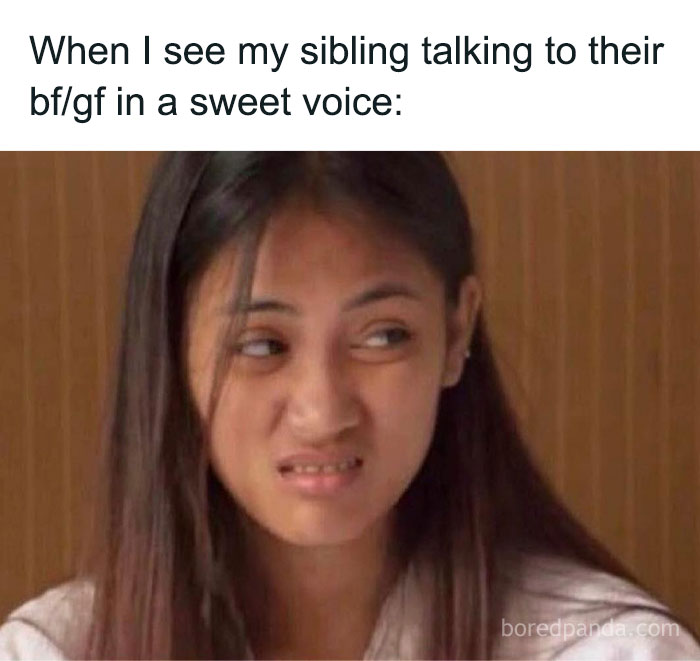 Young woman making a disgusted face, illustrating relatable sibling reaction meme from totally random memes collection.