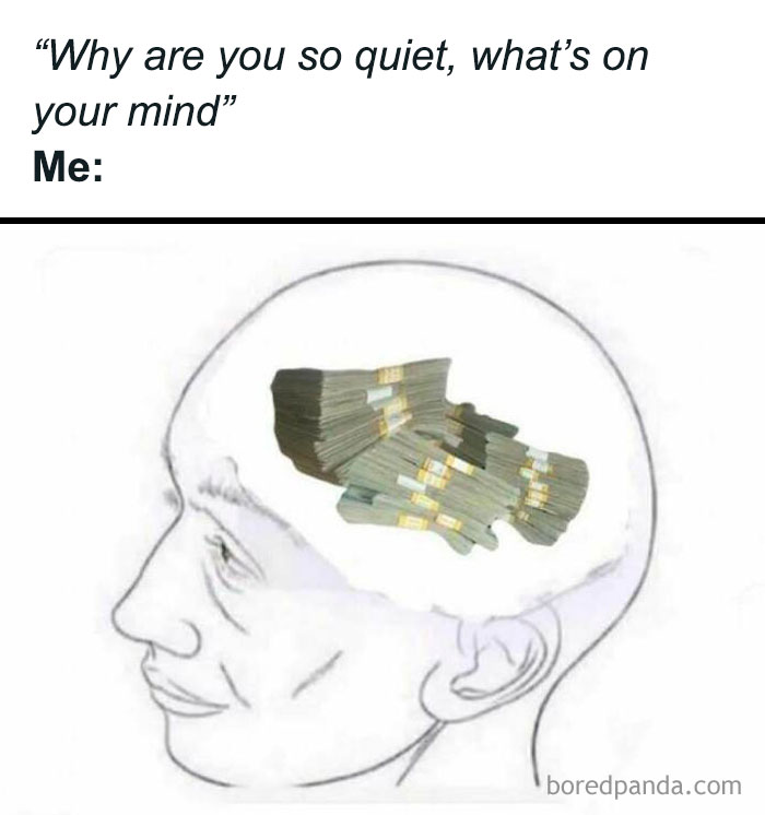 Meme showing a sketch of a person's head filled with stacks of money representing relatable thoughts.