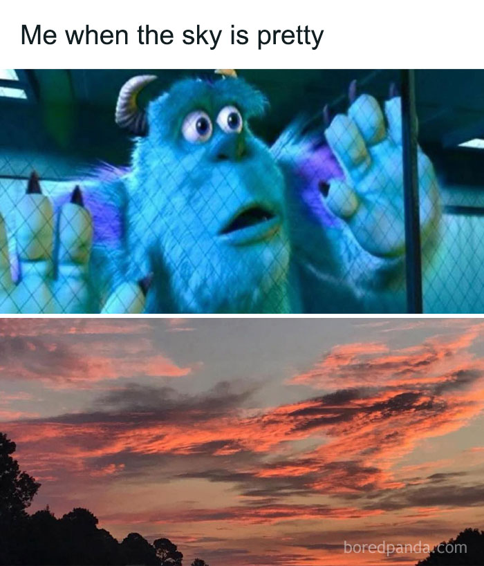 Blue animated character looking surprised, paired with a vibrant sunset sky, illustrating totally random relatable memes.