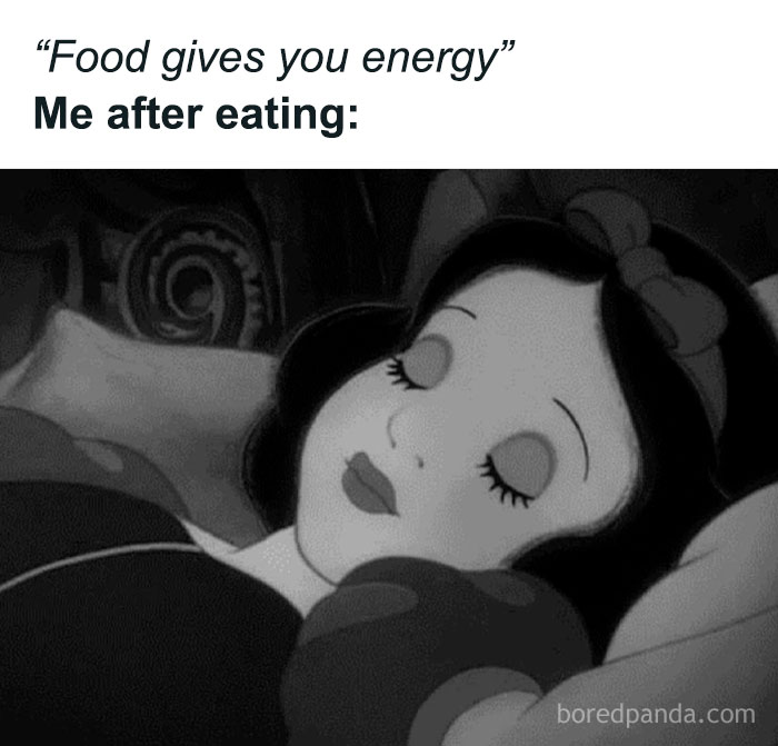 Black and white meme of a sleeping woman with caption about food giving energy, from totally random memes relatable collection.