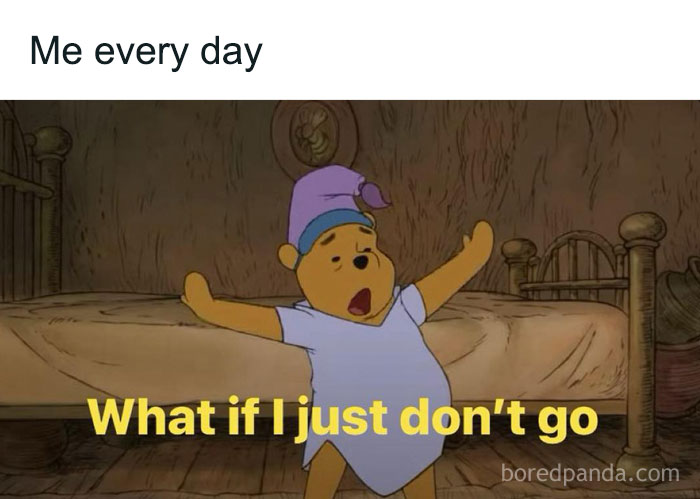 Cartoon character yawning in pajamas with relatable meme text about not wanting to go, highlighting totally random memes.