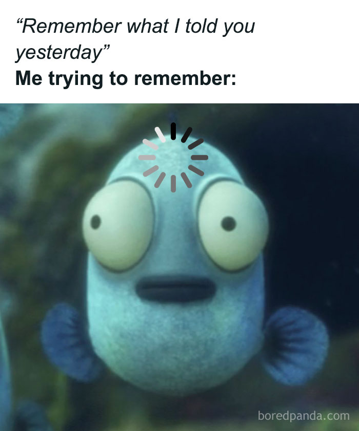 Relatable meme showing a fish with wide eyes and a loading symbol, capturing the struggle to remember.