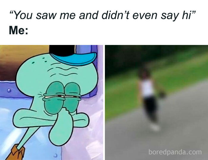 Squidward looking suspicious paired with a blurry figure, illustrating a relatable meme from random memes collection.