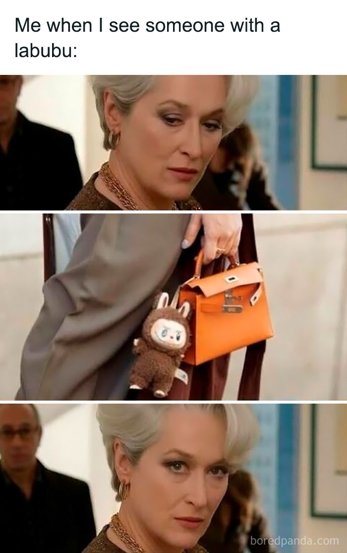 Woman reacting with sharp looks at a labubu keychain hanging from an orange handbag in relatable meme format.