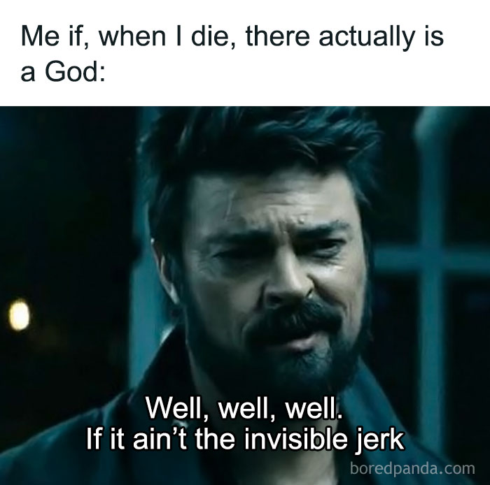 Man with beard and mustache reacting skeptically in a meme about casual nihilism and belief in God after death.