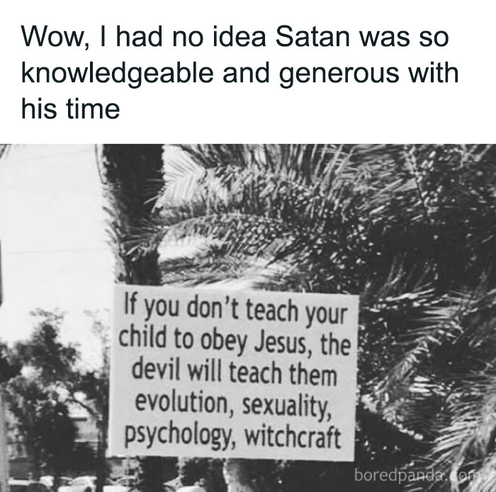 Street sign meme about Satan and teaching children, reflecting themes of casual nihilism and dark humor.