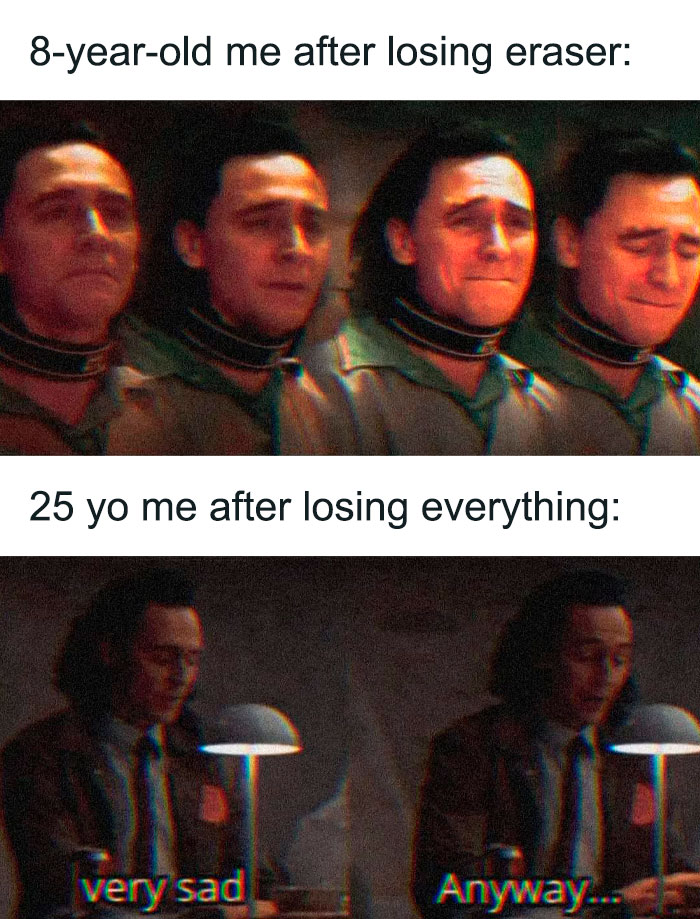 Two-panel meme showing emotional reaction differences between ages 8 and 25, highlighting relatable casual nihilism memes.