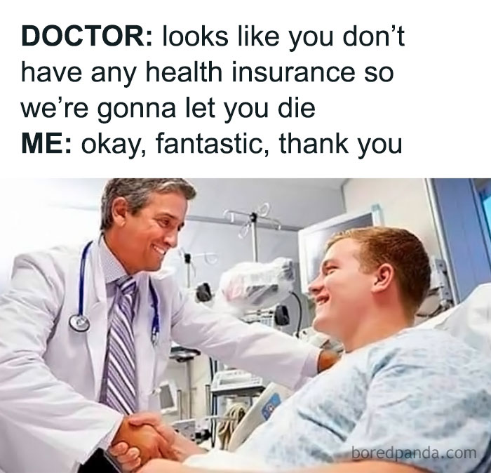 Doctor shaking hands with a smiling patient in a hospital room, illustrating casual nihilism meme about health insurance.