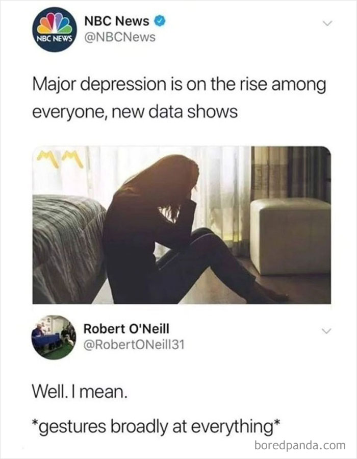 Tweet about rising depression with image of a person sitting in thought, paired with a casual nihilism meme response.
