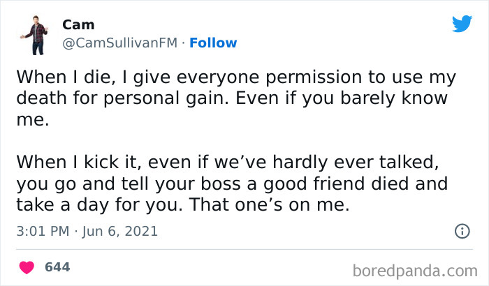 Text meme about death and personal gain, reflecting casual nihilism humor and relatable life observations.