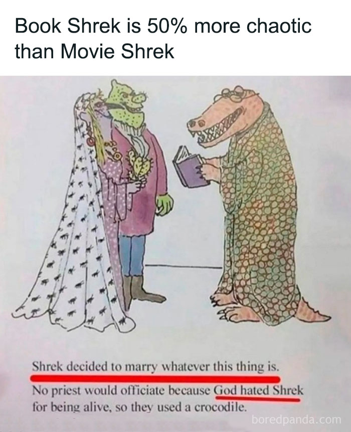Cartoon depicting chaotic book Shrek marrying a crocodile officiant, highlighting relatable casual nihilism memes.