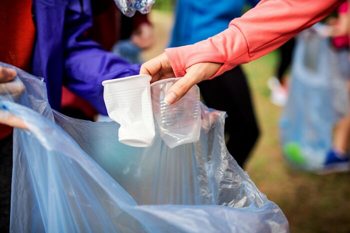 Hands disposing plastic cups into a trash bag, highlighting environmental concerns linked to the internet on the brink of collapse. - 13
