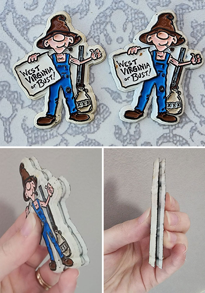 Two identical farmer pins holding signs showing real-life glitches in the matrix, viewed from multiple angles.