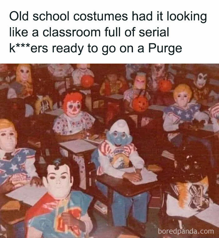 Children in old school costumes sitting in classroom desks, evoking the good old days and '80s childhood nostalgia.