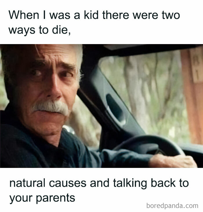 Older man driving a car with text about childhood memories from the good old days and talking back to parents.