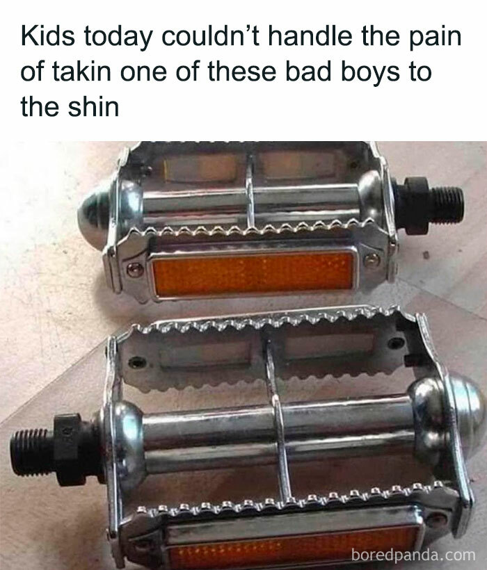 Metal bicycle pedals with orange reflectors and jagged edges, evoking memories from the good old days of the 80s.