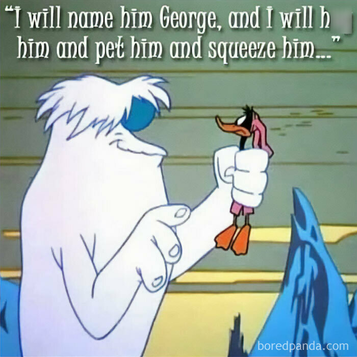 Cartoon character holding a small bird with nostalgic vibes from the good old days relating to the 80s childhood.