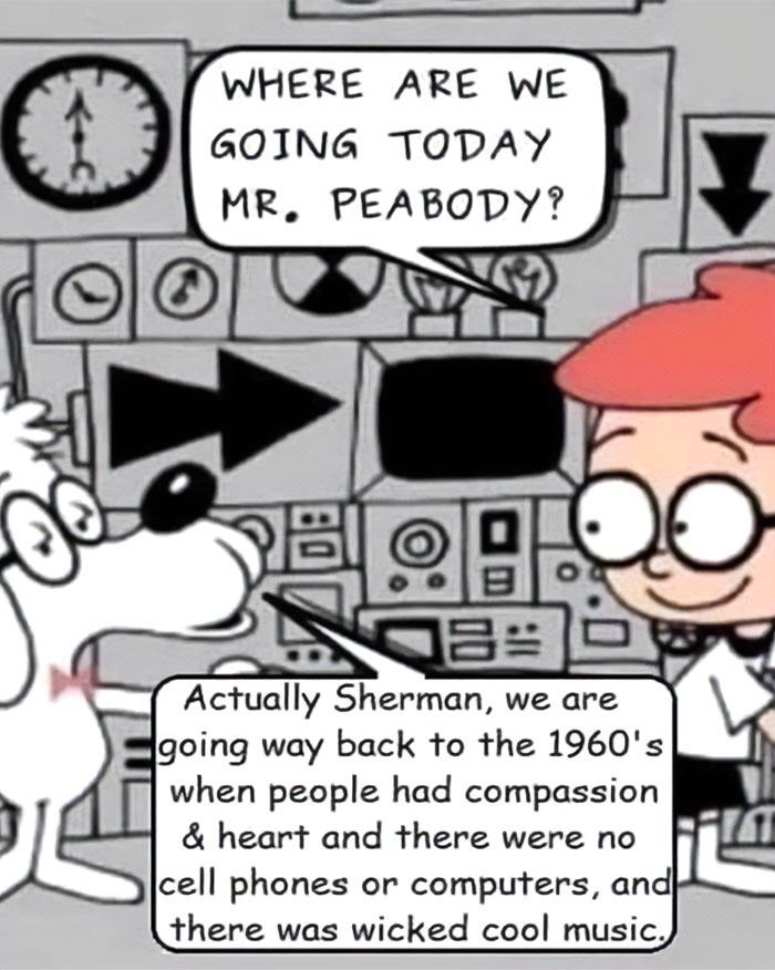 Cartoon characters discuss going back to the 1960s in a nostalgic scene related to the good old days of the '80s.