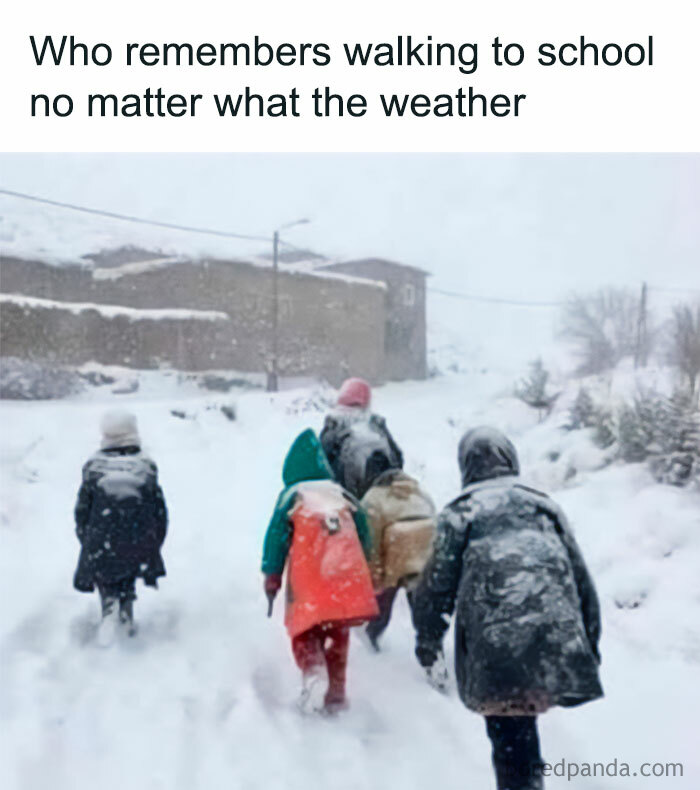 Children walking to school in snow during the good old days, recalling memories from growing up in the 80s.