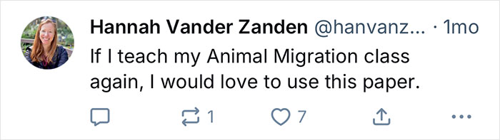 Tweet from Hannah Vander Zanden mentioning teaching an Animal Migration class and interest in using a specific paper for it. - 15
