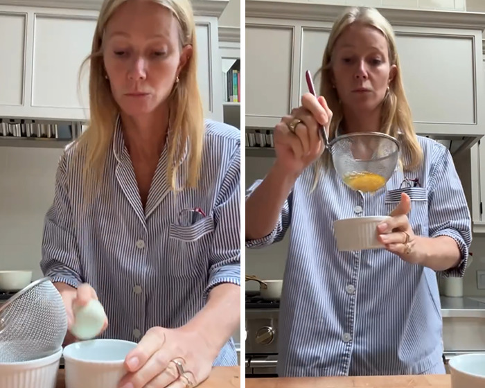 Gwyneth Paltrow handling kitchen waste while preparing food in a cooking video at home in a striped shirt. - 2