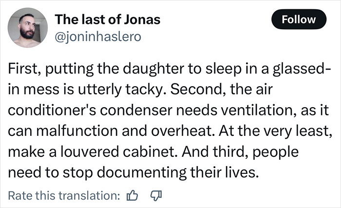 Commenter critiques momfluencer making autistic daughter sleep on balcony, highlighting safety and privacy concerns in parenting choices.