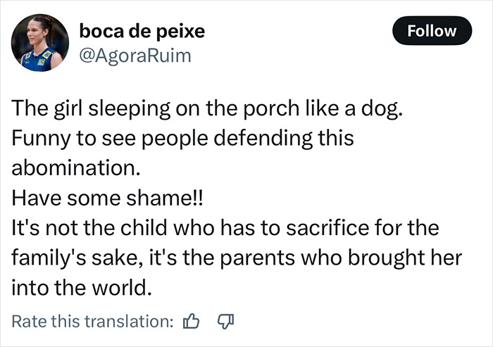Tweet criticizing momfluencer for making 9-year-old autistic daughter sleep on balcony, calling it an abomination and shameful.